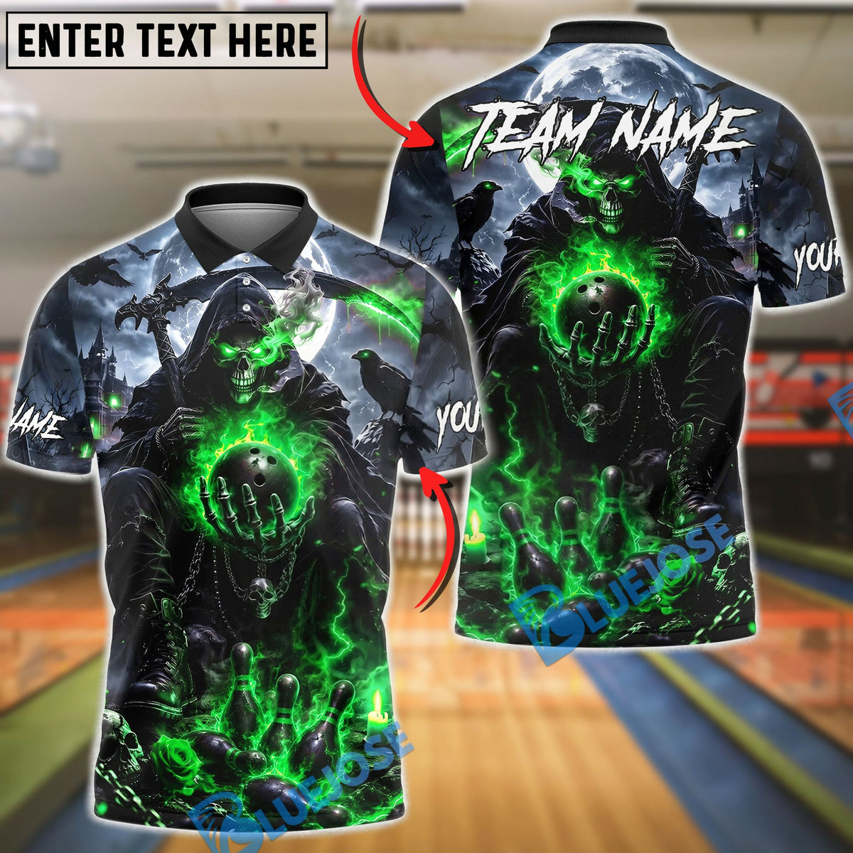 BlueJose Bowling Moonnight Grim Reaper Flaming Ball and Pins Customized Name, Team Name 3D Shirt (4 Colors)