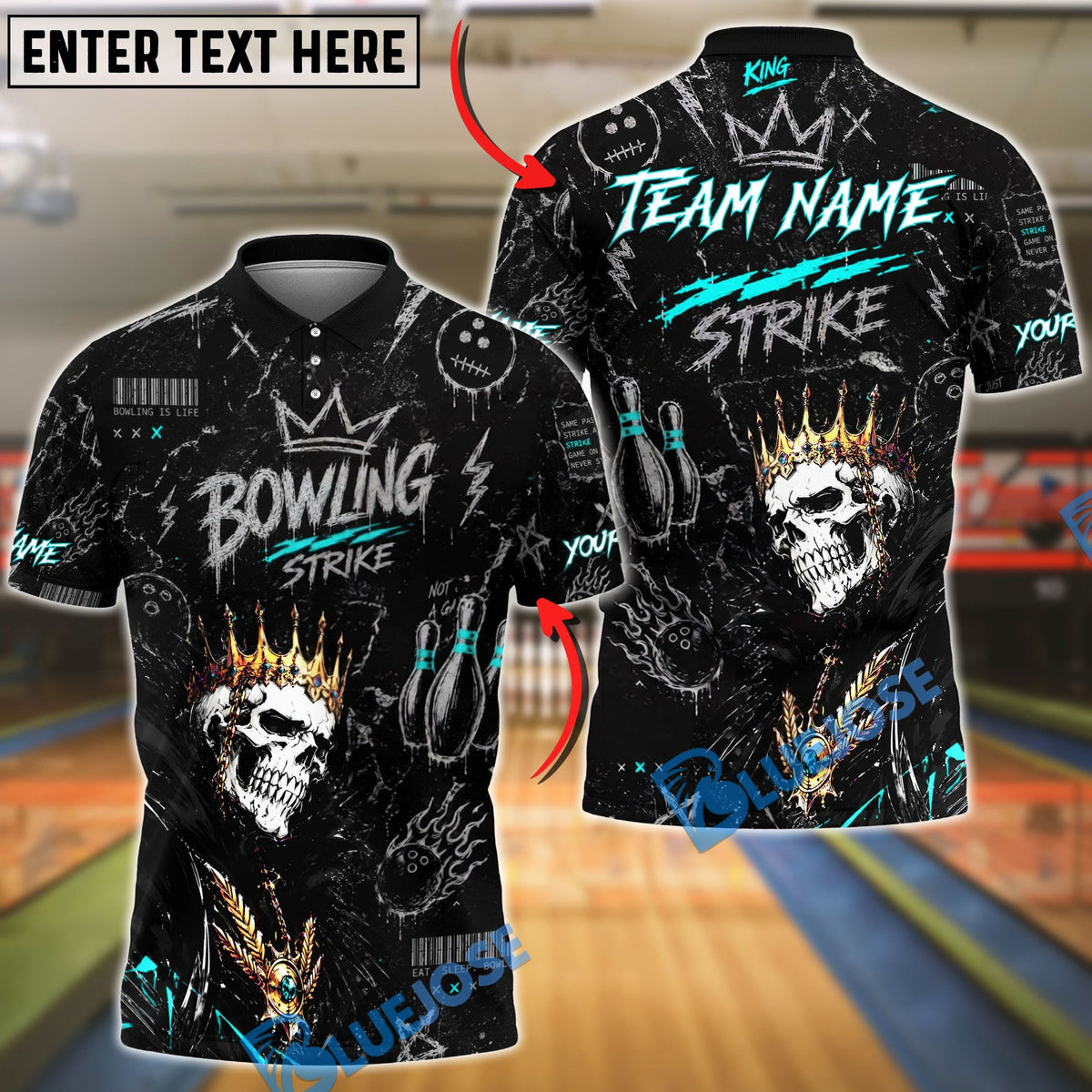 BlueJose Bowling Skull King Strike Customized Name, Team Name 3D Shirt (4 Colors)