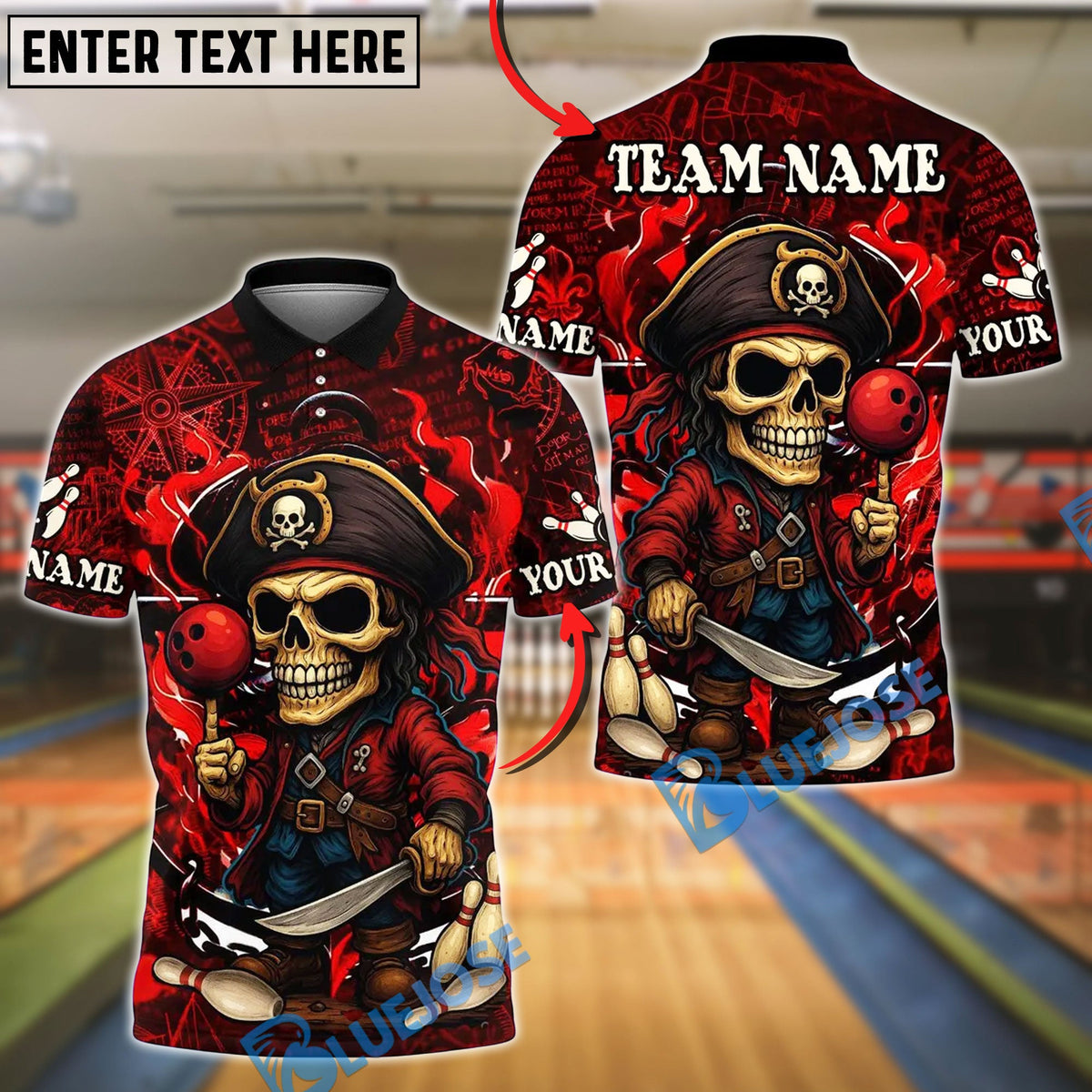 BlueJose Bowling And Pins Pirate Captain Skeleton Design Customized Name, Team Name 3D Shirt (4 Colors)
