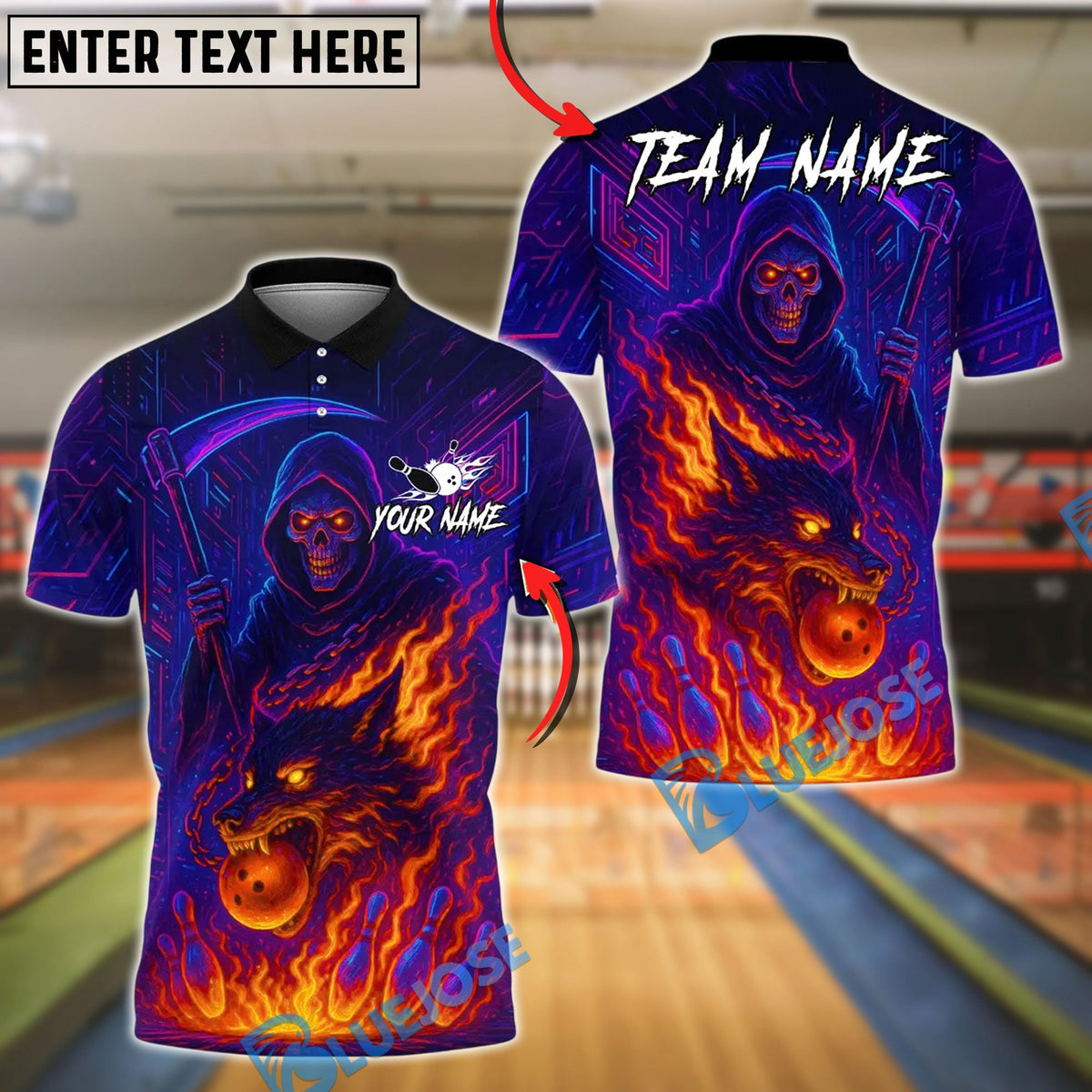 BlueJose Bowling And Pins Flame Grim Reaper With Fire Wolf Design Customized Name, Team Name 3D Shirt (4 Colors)