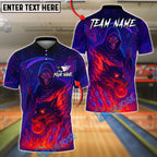 BlueJose Bowling And Pins Flame Grim Reaper With Fire Wolf Design Customized Name, Team Name 3D Shirt (4 Colors)