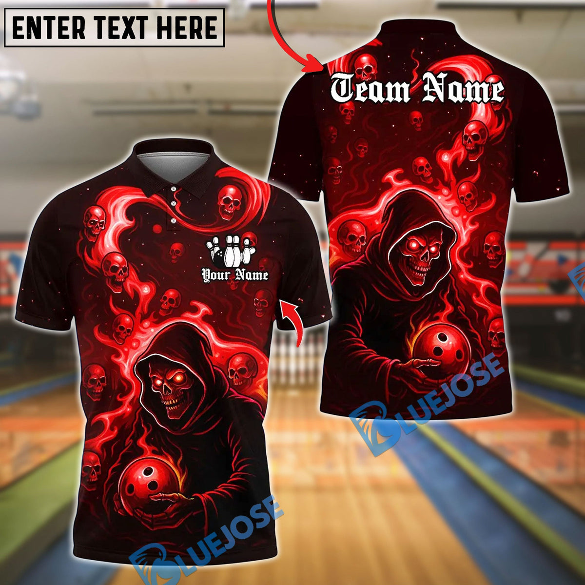 BlueJose Bowling And Pins Flame Grim Reaper With Bowling Design Customized Name, Team Name 3D Shirt (4 Colors)