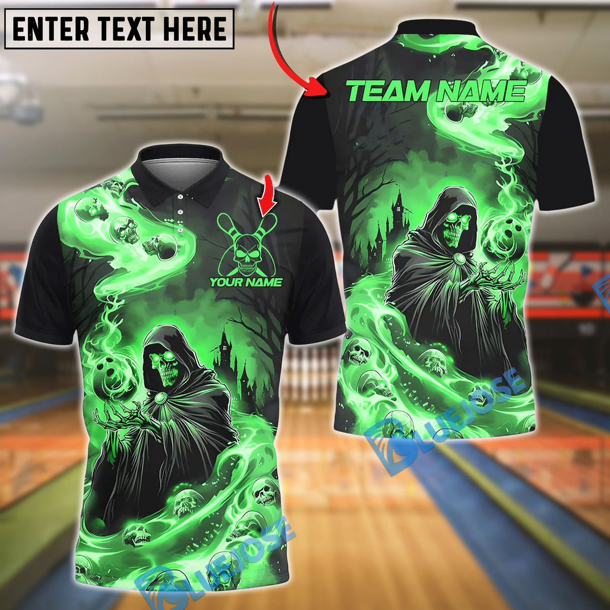 BlueJose Bowling And Pins Flame Reaper And Fire Skull Design Customized Name, Team Name 3D Shirt (4 Colors)