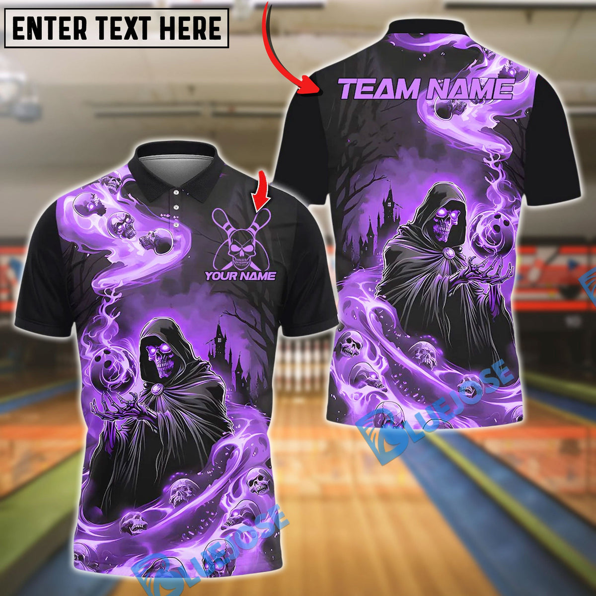 BlueJose Bowling And Pins Flame Reaper And Fire Skull Design Customized Name, Team Name 3D Shirt (4 Colors)