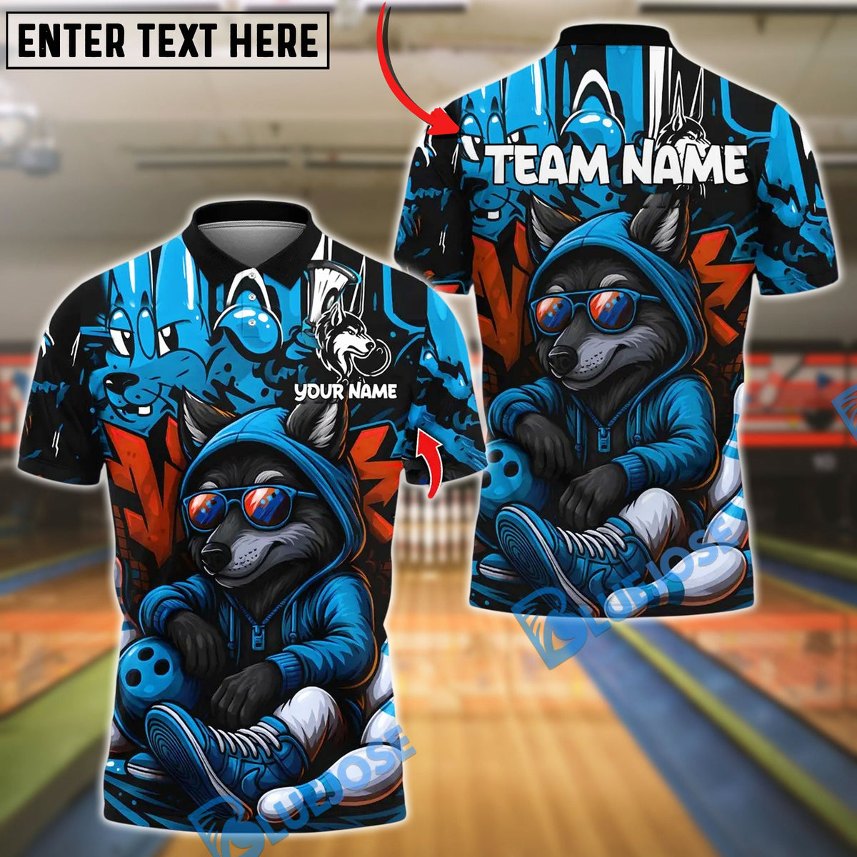 BlueJose Bowling And Pins Graffiti Wolf Streetwear Design Customized Name, Team Name 3D Shirt (4 Colors)
