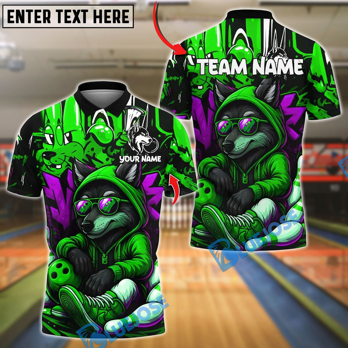 BlueJose Bowling And Pins Graffiti Wolf Streetwear Design Customized Name, Team Name 3D Shirt (4 Colors)