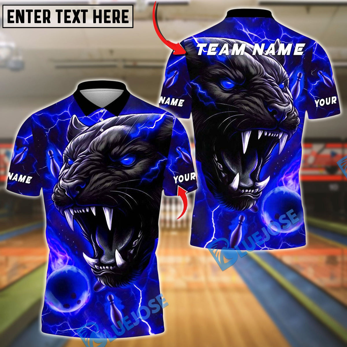 BlueJose Bowling And Pins Black Panther Thunder Flame Design Customized Name, Team Name 3D Shirt (4 Colors)