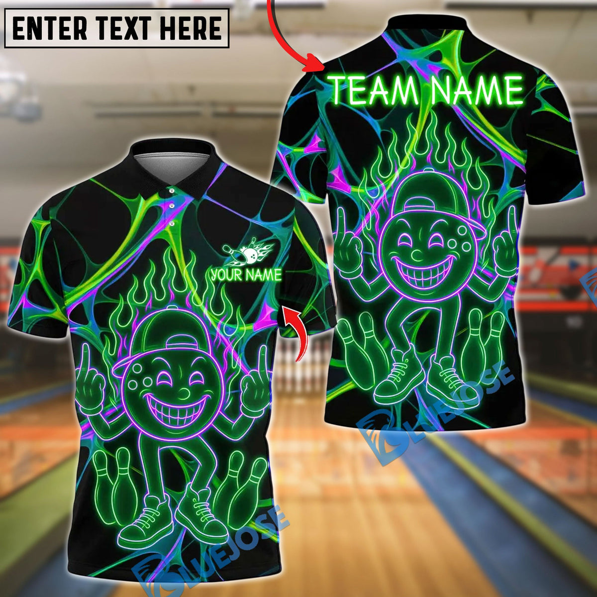 BlueJose Bowling And Pins Funny Neon Design Customized Name, Team Name 3D Shirt (4 Colors)