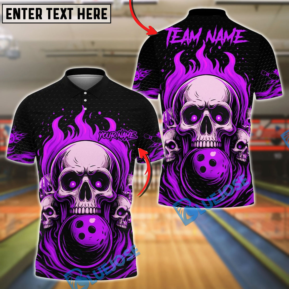 BlueJose Bowling And Pins Flame Skull Team Design 2 Customized Name, Team Name 3D Shirt (4 Colors)