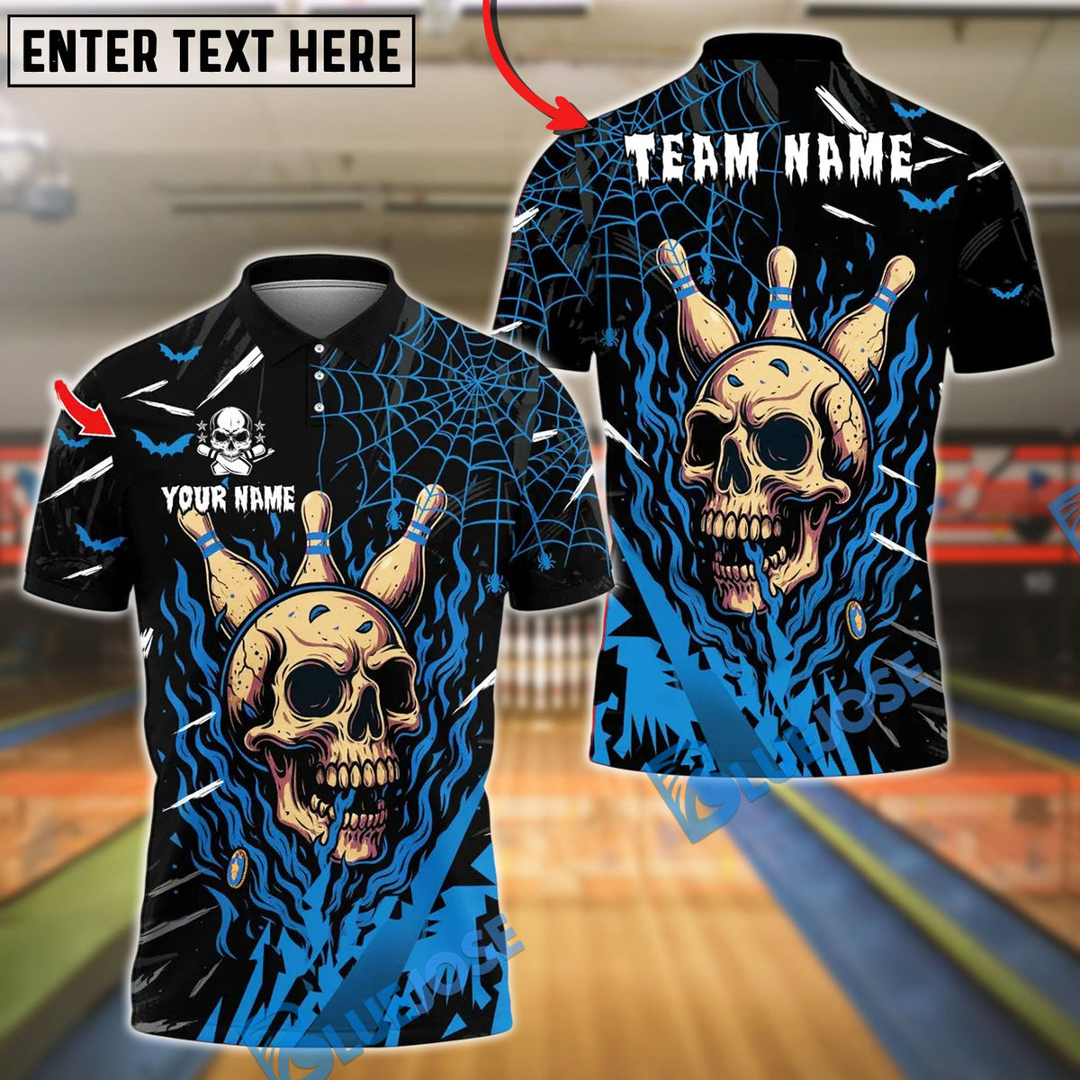 BlueJose Bowling And Pins Flame Bowling Skull Halloween Design Customized Name, Team Name 3D Shirt (4 Colors)