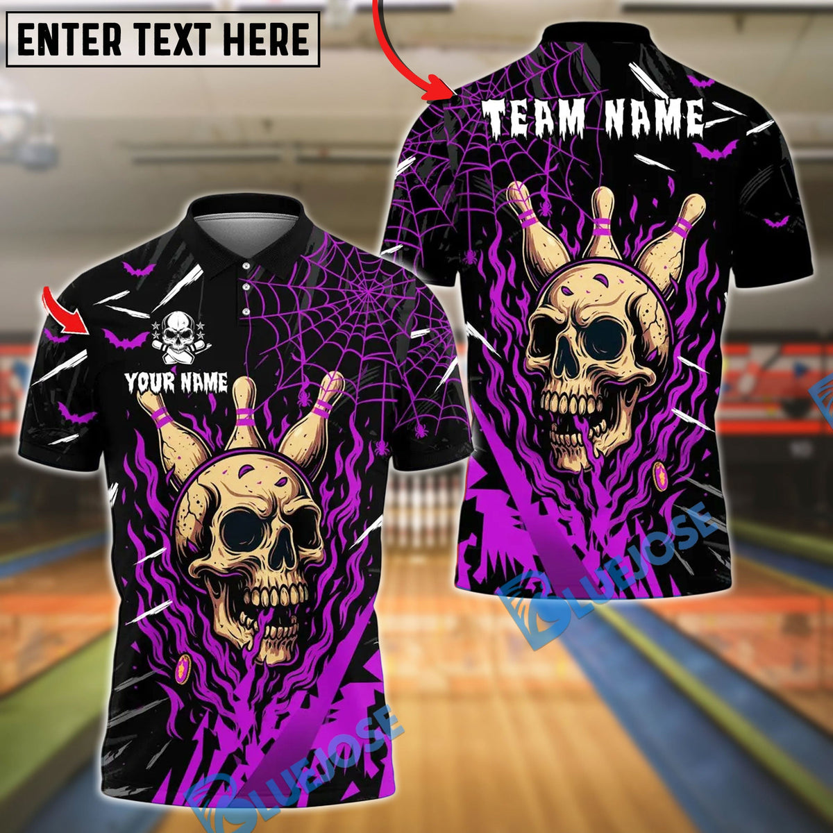 BlueJose Bowling And Pins Flame Bowling Skull Halloween Design Customized Name, Team Name 3D Shirt (4 Colors)