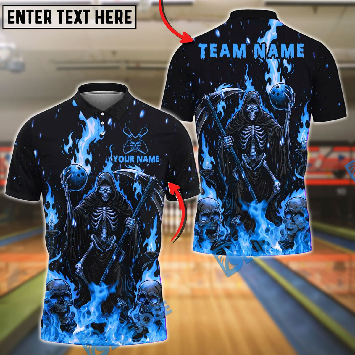 BlueJose Bowling And Pins Flame Reaper And Fire Skull Design Customized Name, Team Name 3D Shirt (4 Colors)