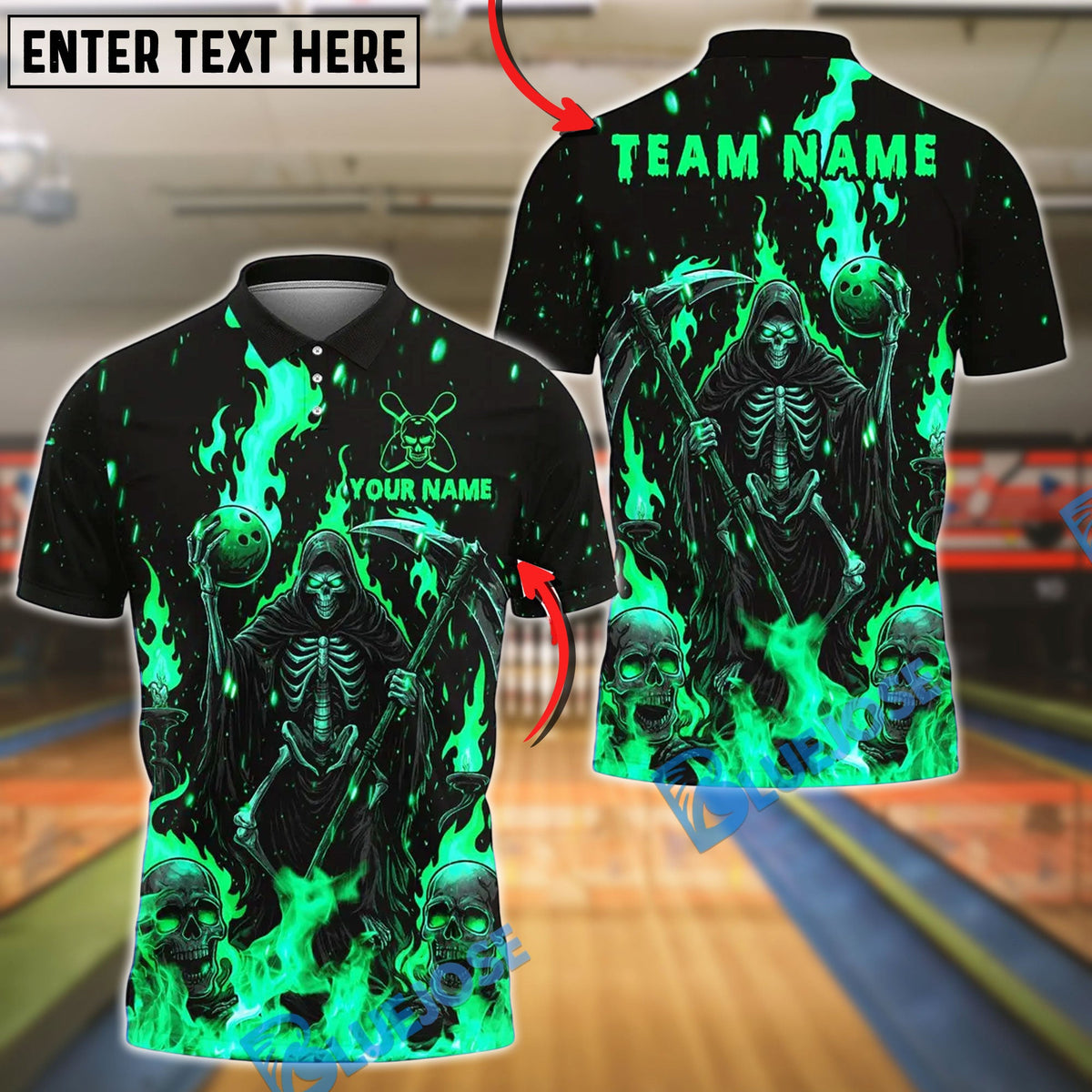 BlueJose Bowling And Pins Flame Reaper And Fire Skull Design Customized Name, Team Name 3D Shirt (4 Colors)