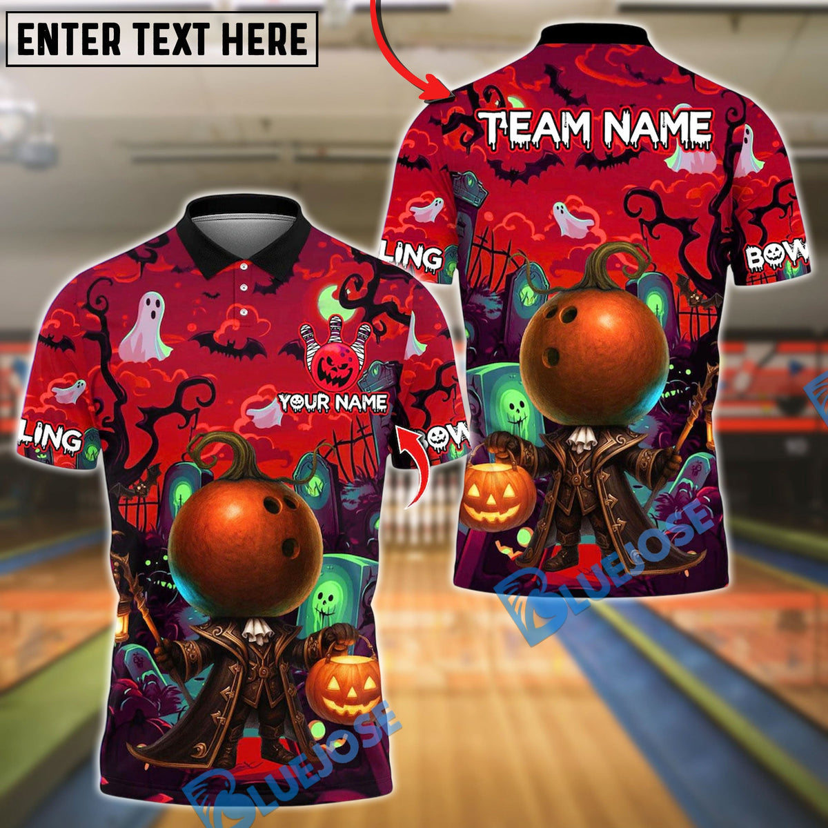 BlueJose Bowling And Pins Halloween Bowling With Pumpkin Design Customized Name, Team Name 3D Shirt (4 Colors)