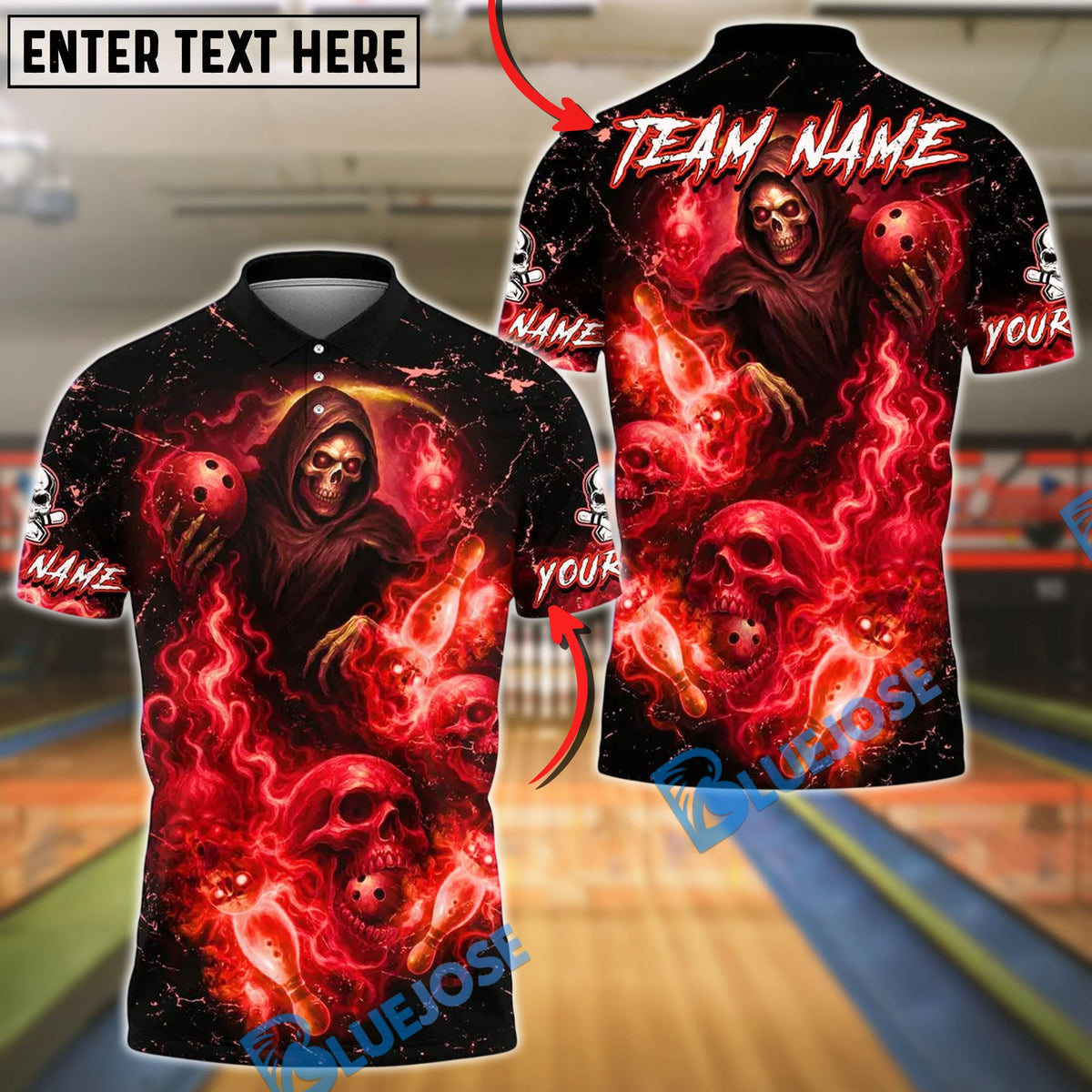 BlueJose Bowling And Pins Reaper And Fire Smoke Skull Design Customized Name, Team Name 3D Shirt (4 Colors)
