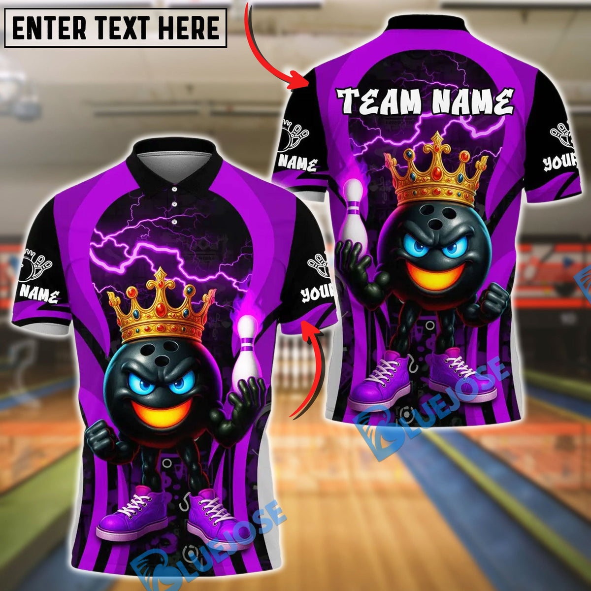 BlueJose Bowling And Pins King Flame Ball Design Customized Name, Team Name 3D Shirt (4 Colors)