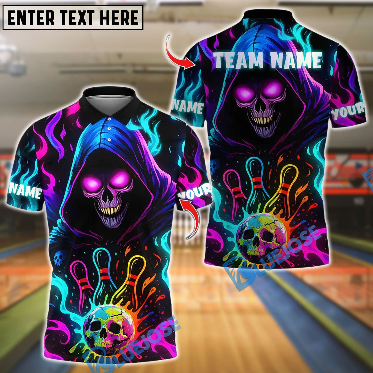 BlueJose Bowling Grim Reaper Neon Flame Ver 2 Personalized Name, Team Name 3D Shirt