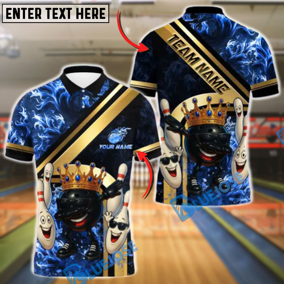 BlueJose Bowling And Pins Royal Fireball Gold Stripe Dab Design Customized Name, Team Name 3D Shirt (4 Colors)
