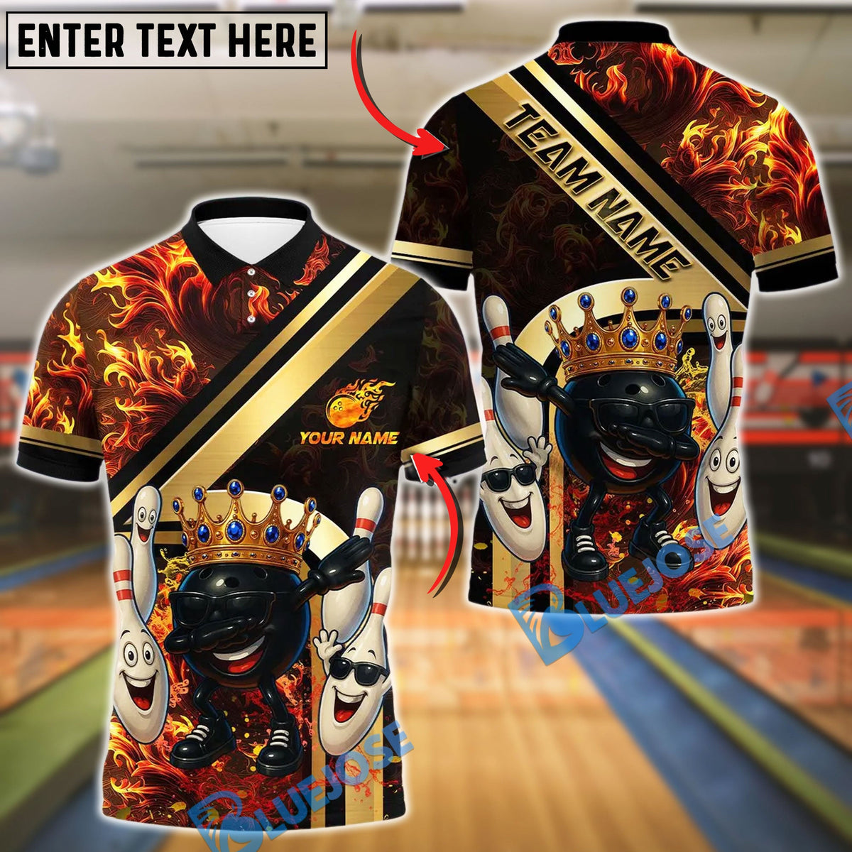 BlueJose Bowling And Pins Royal Fireball Gold Stripe Dab Design Customized Name, Team Name 3D Shirt (4 Colors)