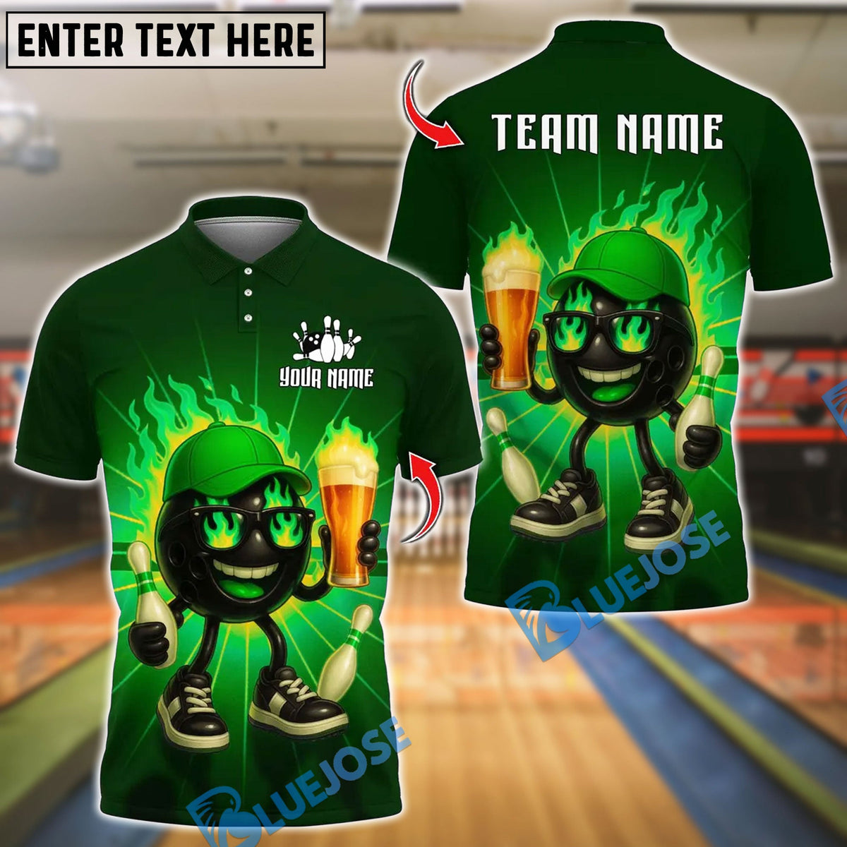 BlueJose Bowling And Pins Flaming Pin Beer Lover Customized Name, Team Name 3D Shirt (4 Colors)