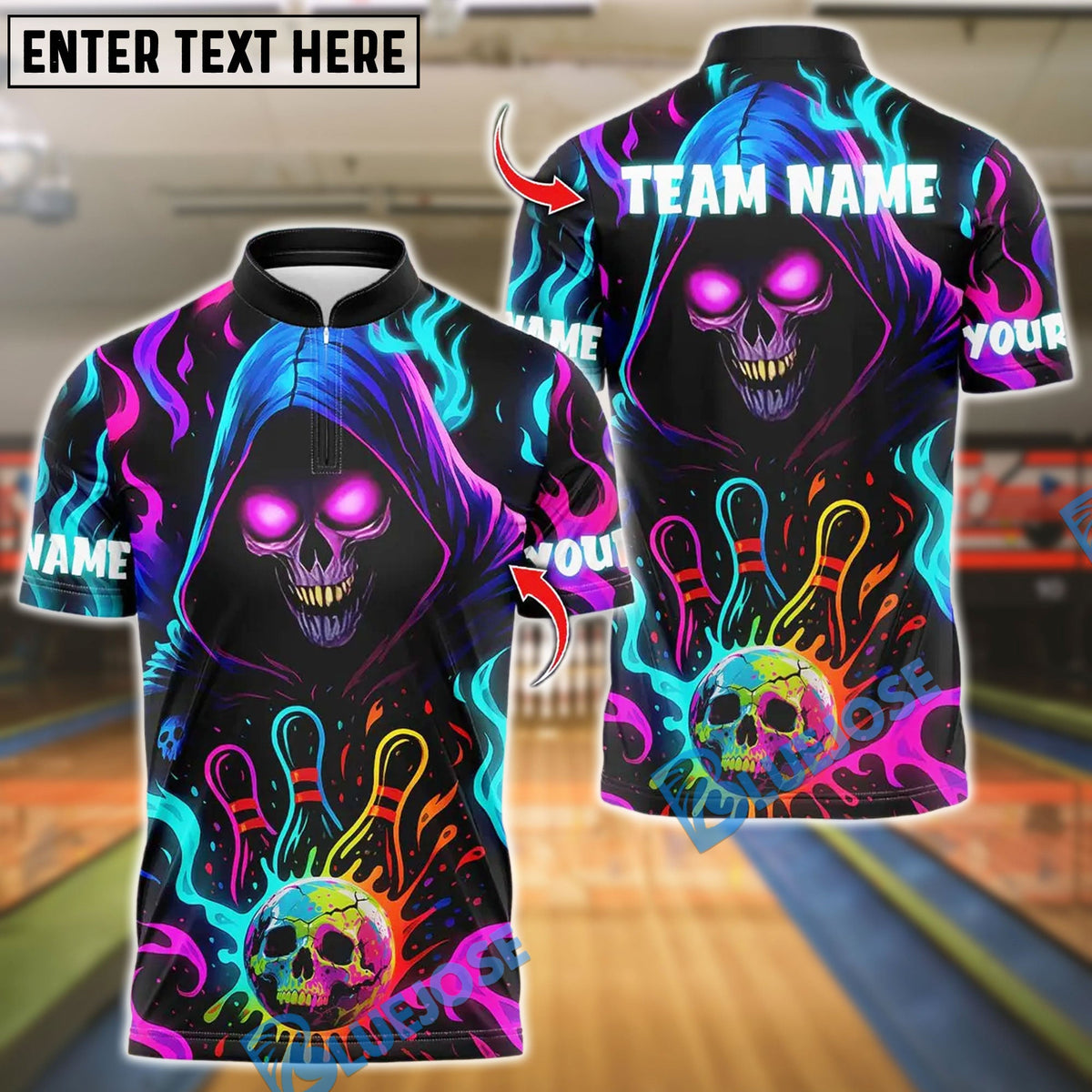 BlueJose Bowling Grim Reaper Neon Flame Ver 2 Personalized Name, Team Name 3D Shirt