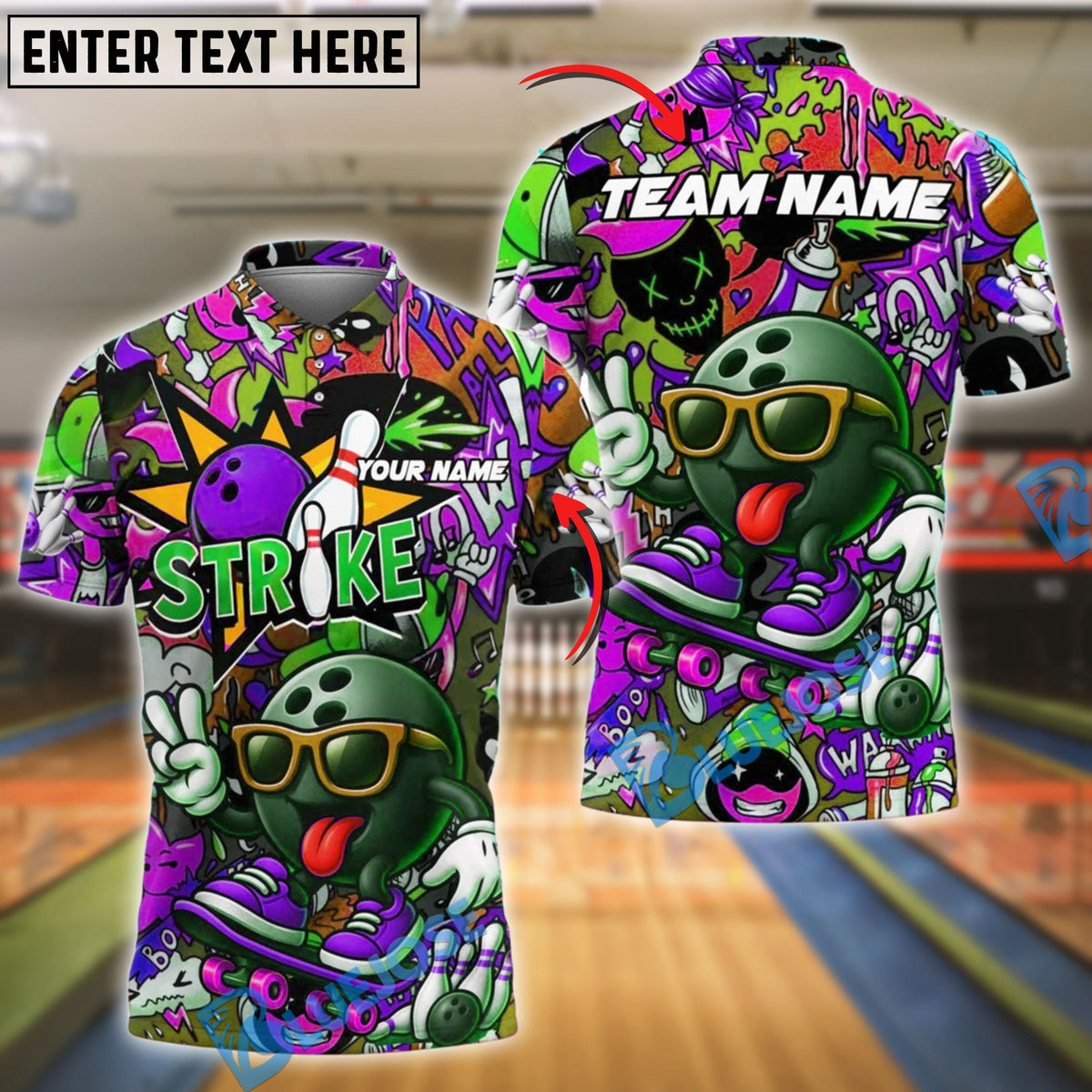 BlueJose Bowling Street Strike Graffiti Skater Style Customized Name, Team Name 3D Shirt (4 Colors)