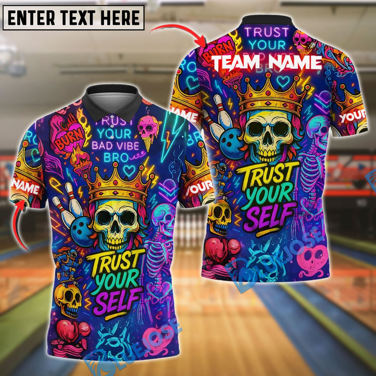 BlueJose Bowling And Pins Neon Skull Vibes Personalized Name, Team Name Unisex Shirt