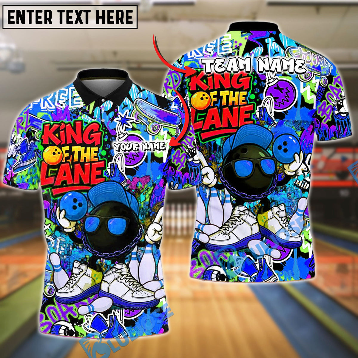 BlueJose Bowling King of the Lane Graffiti Style Customized Name, Team Name 3D Shirt (4 Colors)