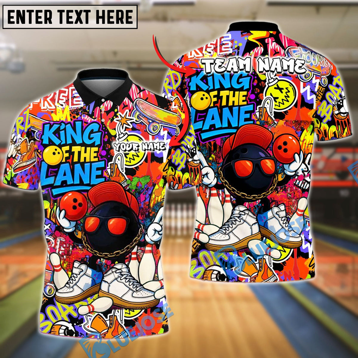 BlueJose Bowling King of the Lane Graffiti Style Customized Name, Team Name 3D Shirt (4 Colors)