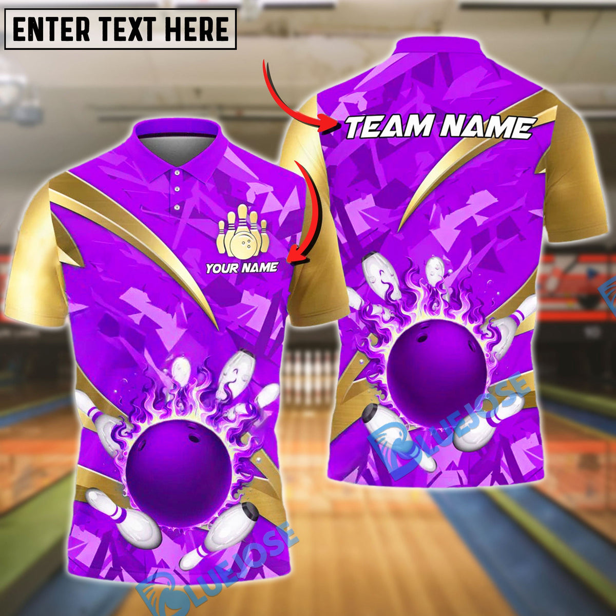 BlueJose Bowling Flaming Ball & Pins Design Customized Name, Team Name 3D Shirt (4 Colors)
