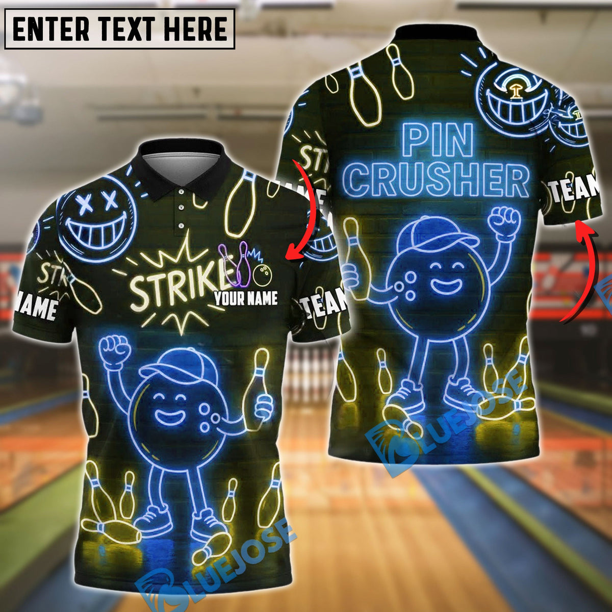 BlueJose Bowling Neon Strike Pin Crusher Style Customized Name, Team Name 3D Shirt (4 Colors)