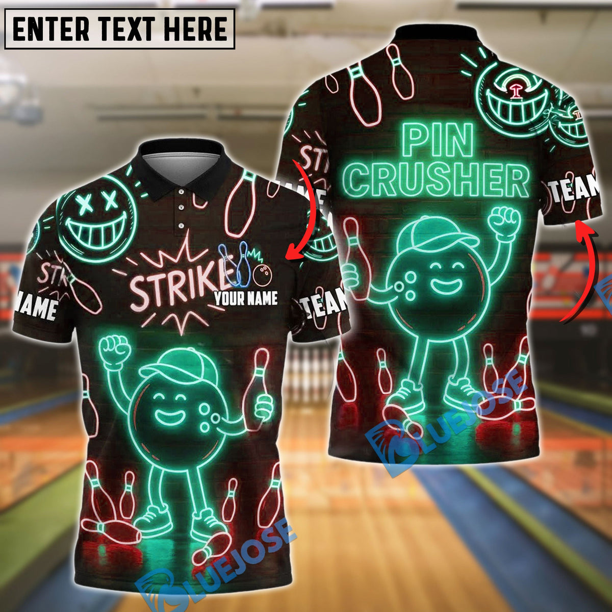 BlueJose Bowling Neon Strike Pin Crusher Style Customized Name, Team Name 3D Shirt (4 Colors)