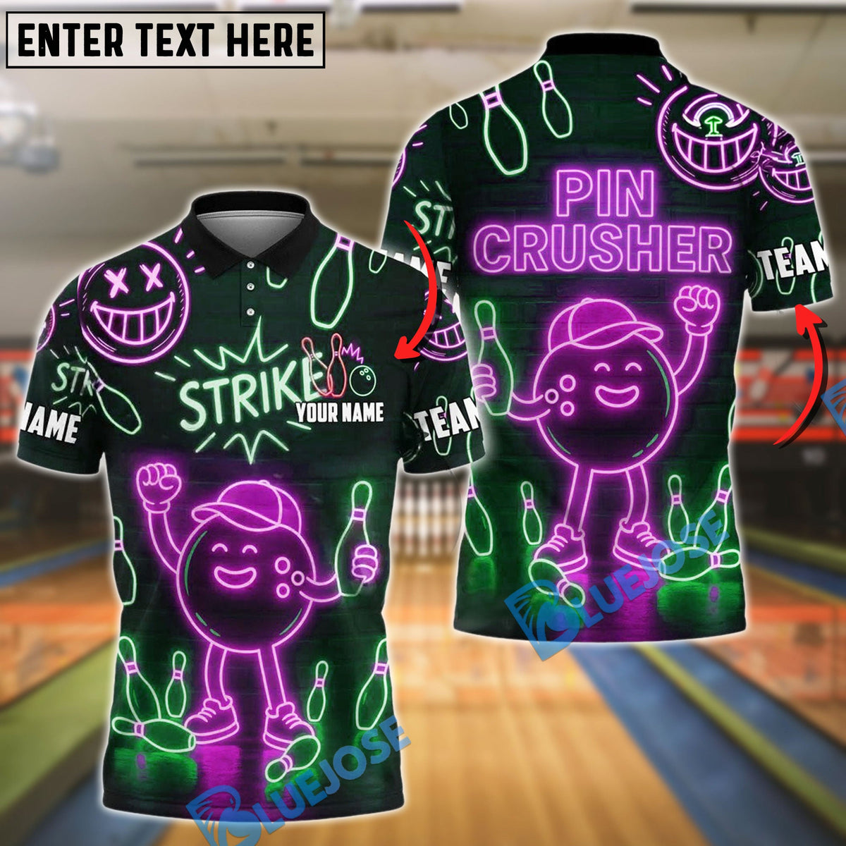 BlueJose Bowling Neon Strike Pin Crusher Style Customized Name, Team Name 3D Shirt (4 Colors)