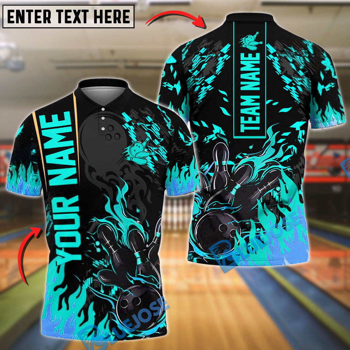 BlueJose Bowling And Pins Black Basic Flaming Design Customized Name 3D Shirt (6 Colors)