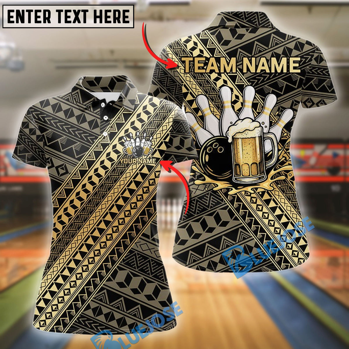 BlueJose Bowling Yellow and Black Tribal Pattern Bowling and Beer Customized Name, Team Name 3D Shirt