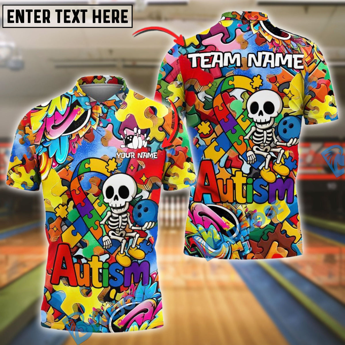 BlueJose Bowling Skull Colorful Puzzle Cartoon Autism Awareness Personalized Name, Team Name Unisex Shirt