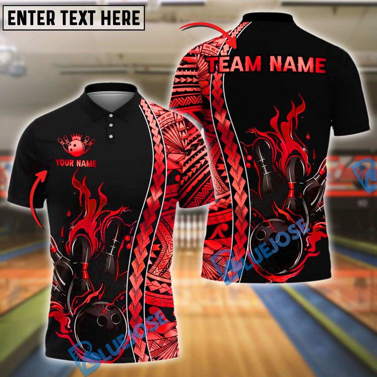 BlueJose Bowling Tribal Fire Strike Design Customized Name, Team Name 3D Shirt (4 Colors)