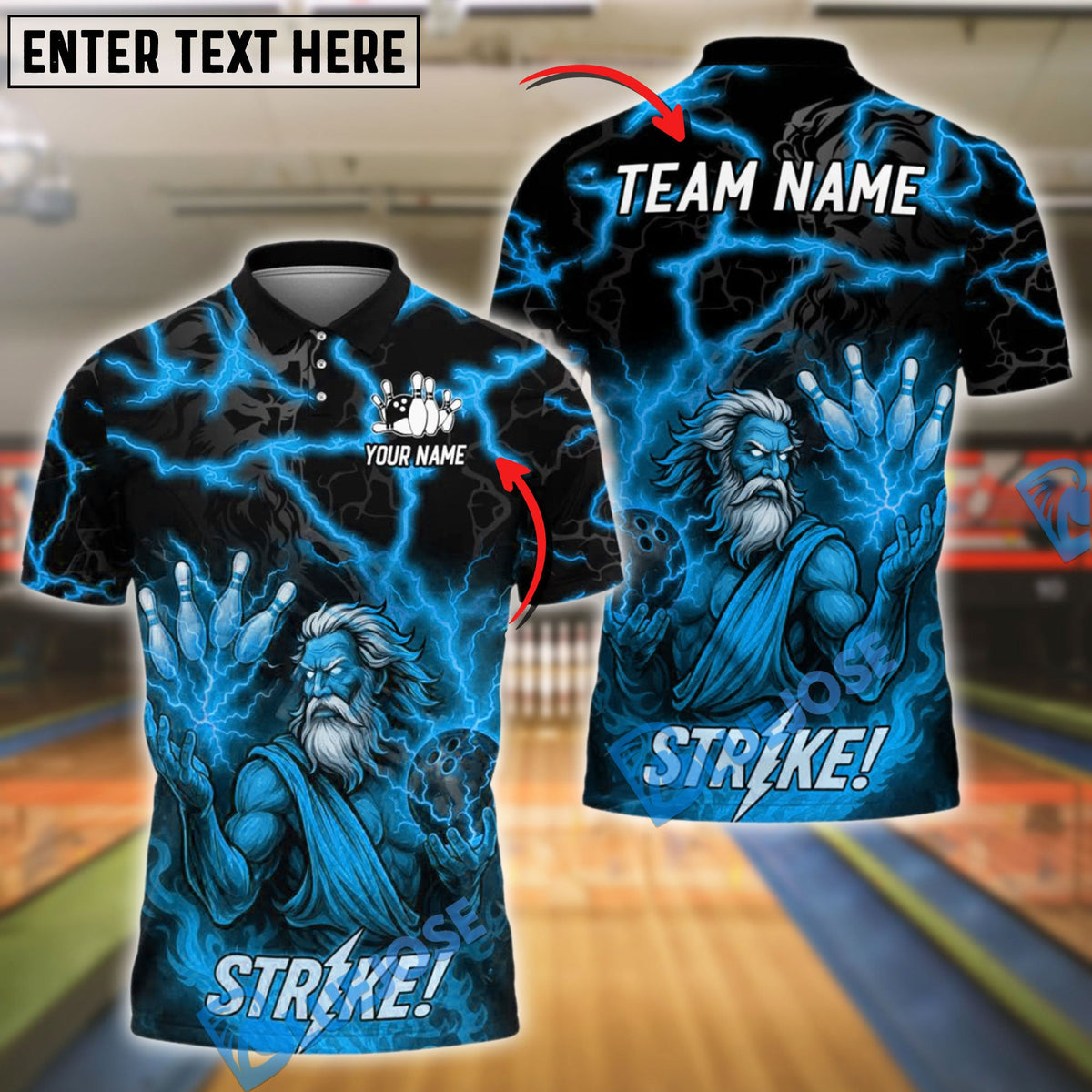BlueJose Bowling Zeus Lightning STRIKE! Customized Name, Team Name 3D Shirt (4 Colors)