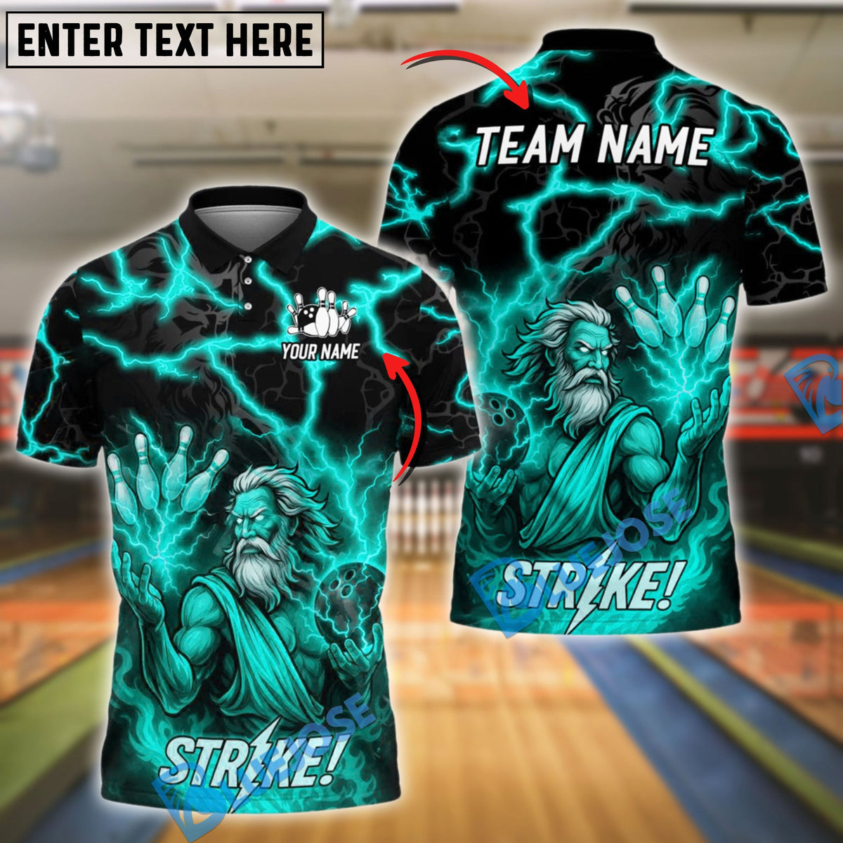 BlueJose Bowling Zeus Lightning STRIKE! Customized Name, Team Name 3D Shirt (4 Colors)