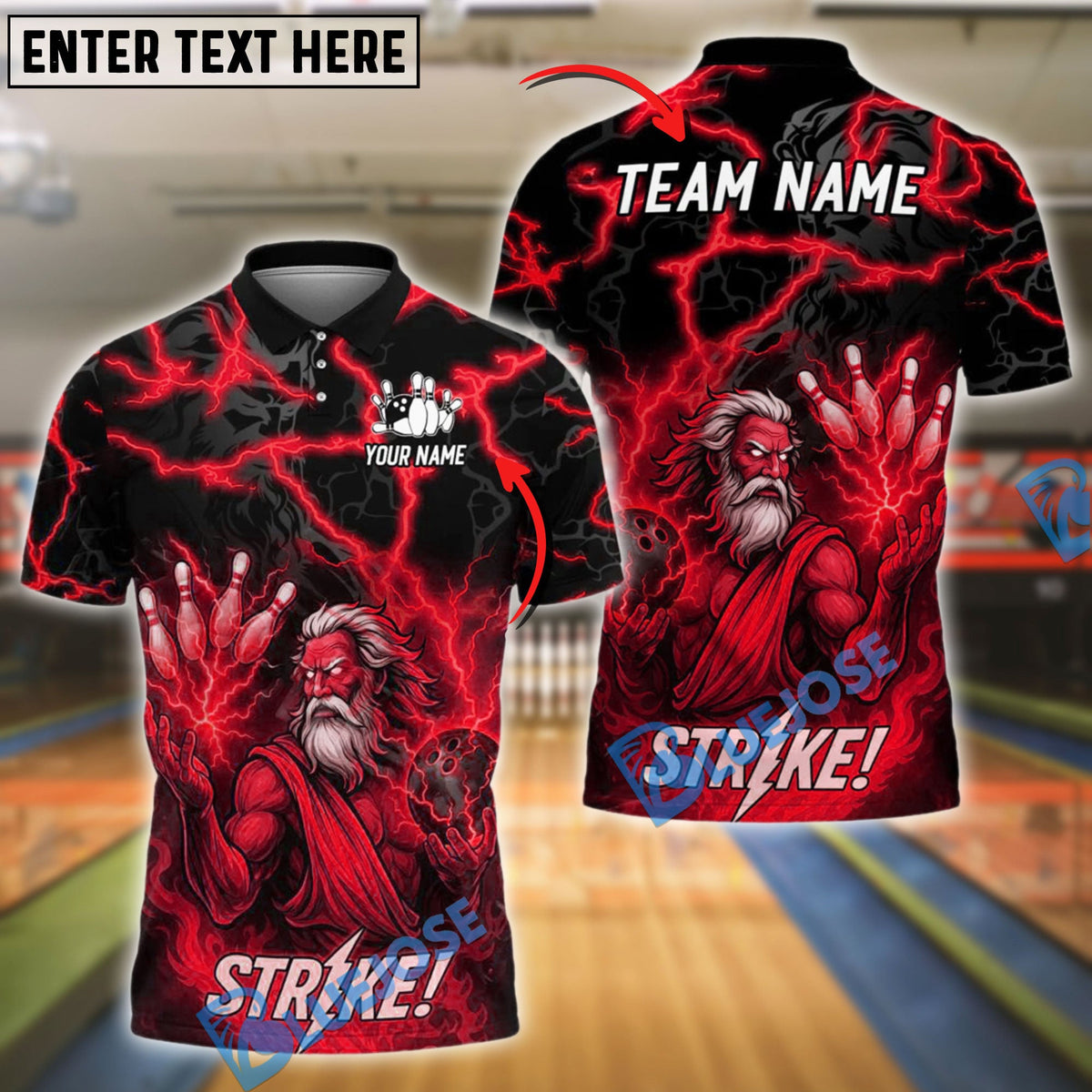 BlueJose Bowling Zeus Lightning STRIKE! Customized Name, Team Name 3D Shirt (4 Colors)