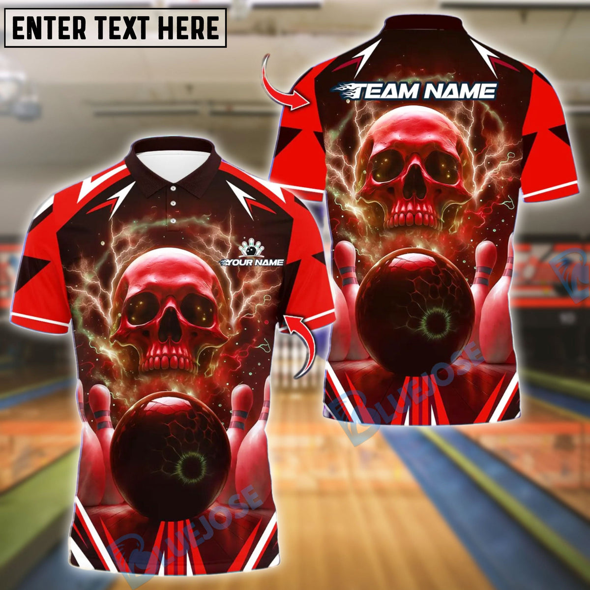 BlueJose Bowling And Pins Electric Skull Customized Name, Team Name 3D Shirt (4 Colors)