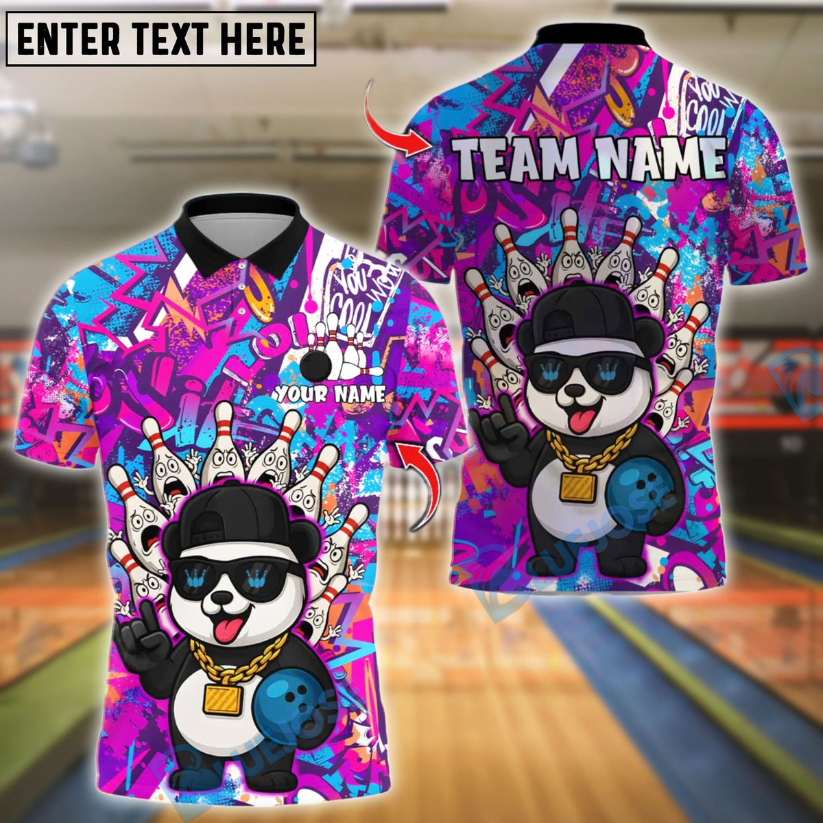 BlueJose Bowling And Pins Graffiti Panda Street Style Customized Name, Team Name 3D Shirt (4 Colors)