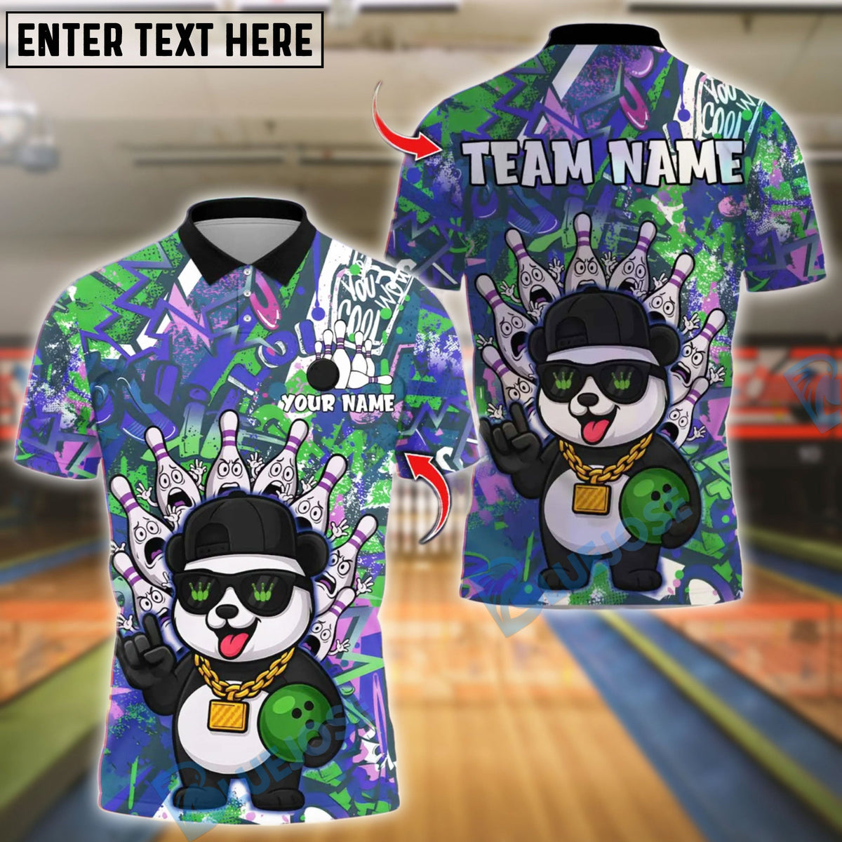 BlueJose Bowling And Pins Graffiti Panda Street Style Customized Name, Team Name 3D Shirt (4 Colors)