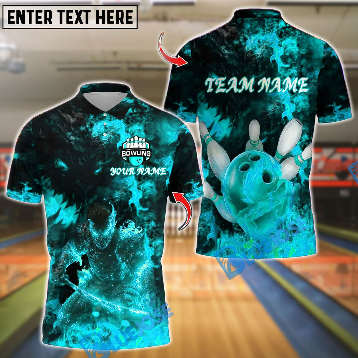 BlueJose Bowling And Pins Samurai Inferno Design Customized Name, Team Name 3D Shirt (4 Colors)
