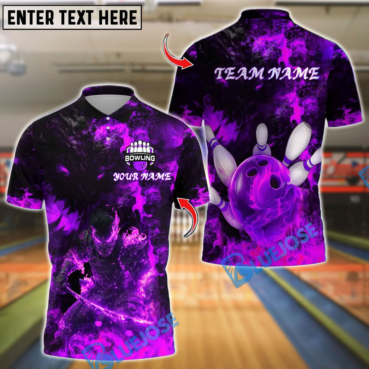 BlueJose Bowling And Pins Samurai Inferno Design Customized Name, Team Name 3D Shirt (4 Colors)