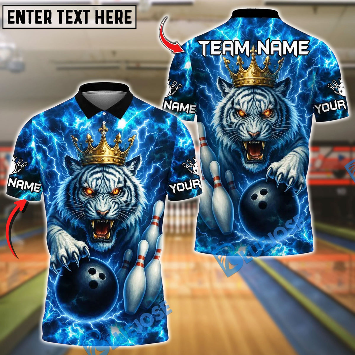 BlueJose Bowling And Pins Thunder Lightning Tiger King Customized Name, Team Name 3D Shirt (4 Colors)