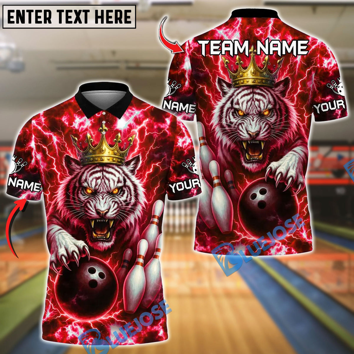 BlueJose Bowling And Pins Thunder Lightning Tiger King Customized Name, Team Name 3D Shirt (4 Colors)