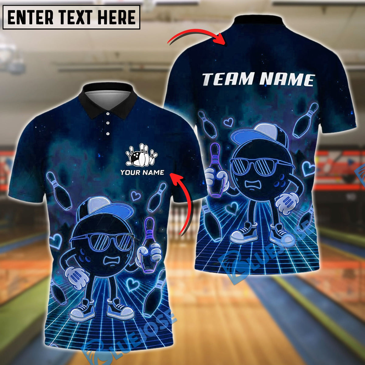 BlueJose Neon Cool Bowling Ball with Shades Customized Name, Team Name 3D Shirt (4 Colors)
