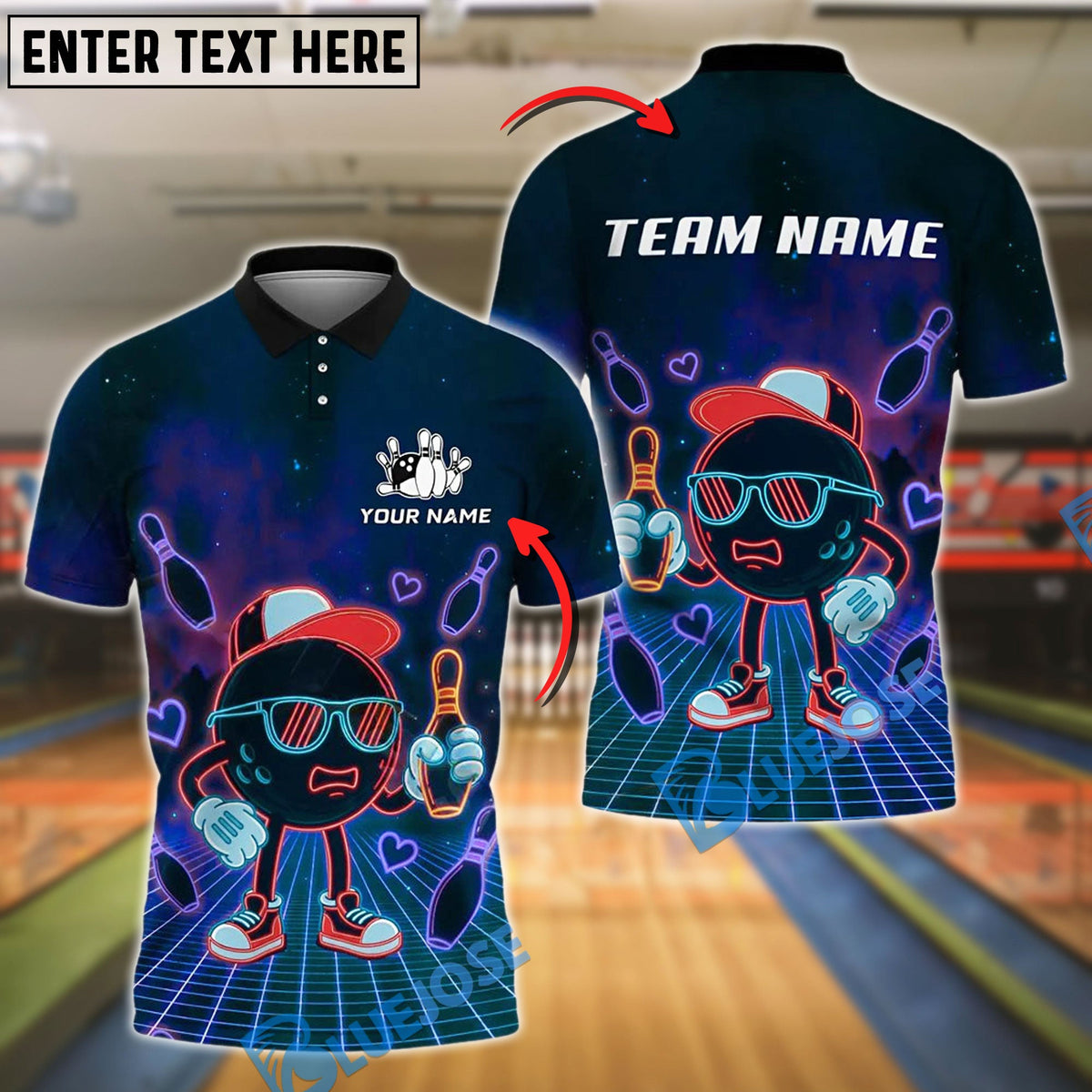 BlueJose Neon Cool Bowling Ball with Shades Customized Name, Team Name 3D Shirt (4 Colors)