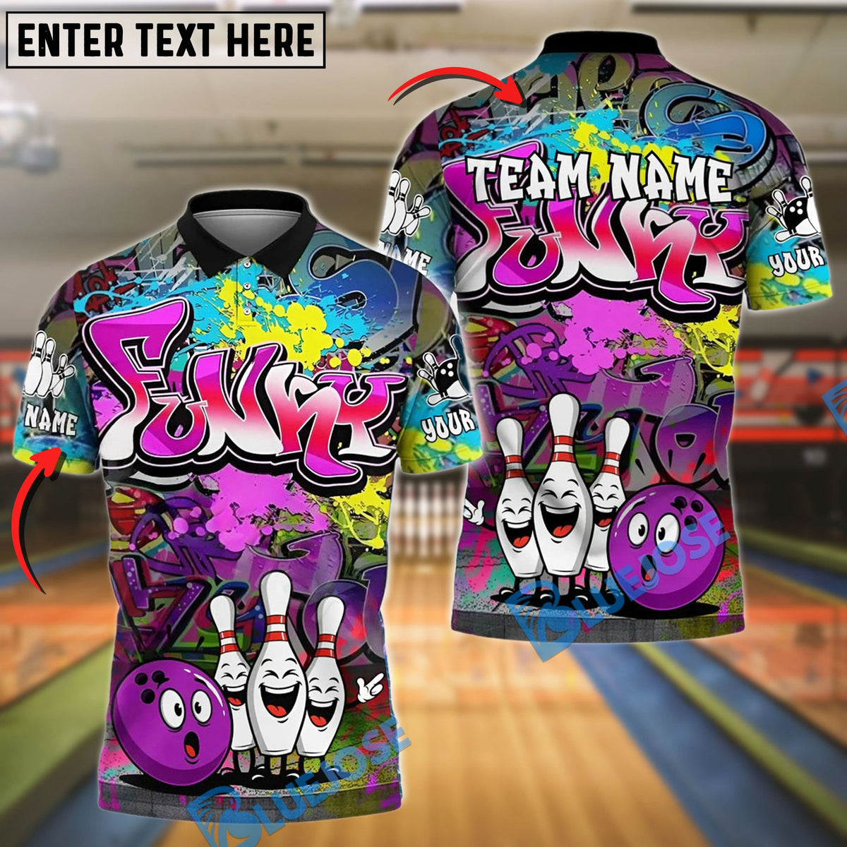 BlueJose  Funny Graffiti Bowling Crew Customized Name, Team Name 3D Shirt (4 Colors)